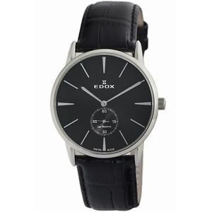 Edox 72014 3 NIN Mens Black Dial Mechanical Watch with Leather Strap
