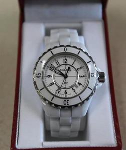 Ladies White Ceramic Chanel J12 33mm Quartz Date Watch Model H0968