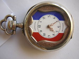 Rare Silver-made Pocket Watch  Fidelita Ma Patrie French flag dial Eiffel Tower