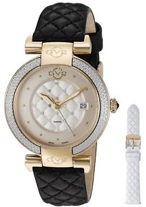 GV2 By Gevril Women's 1503 Berletta Diamonds Gold IP Black Leather Date Watch