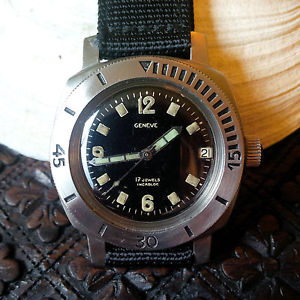 Vintage Le Phare Geneve Divers Watch w/Gilt Dial,All SS Tested 1000 Meters Case