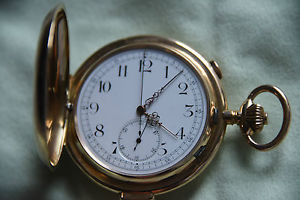 SWISS 14k SOLID GOLD QUARTER REPEATER & CHRONOGRAPH  HUNTER POCKE Excellent