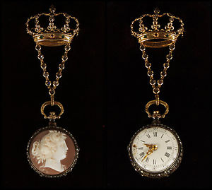 ANTIQUE FRENCH 14K GOLD DIAMONDS CAMEO LADIES PENDANT POCKET WATCH