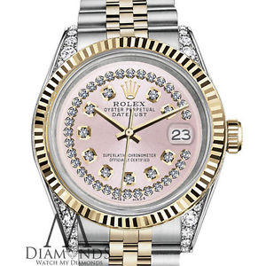 Woman's Rolex 26mm Datejust 2 Tone Pink String Diamond Dial Watch