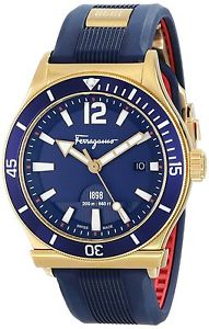 Ferragamo Men's 1898 SPORT Gold IP Blue Rubber Wristwatch