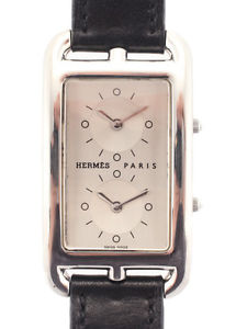Hermes Black Leather Stainless Steel Dual Time Zone Cape Code Watch WC6451 MHL