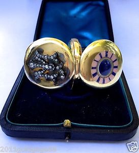 ANTIQUE 18K GOLD SWISS WTCH,FULL HUNTER,DECORATED WITH DIAMONDS & ENAMEL.