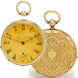 18K Gold Case Keywind Pocket Watch with Engraved Horse Gold Dial CA1840s