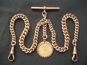 9CT SOLID ROSE GOLD, ALBERT CHAIN BIRM 1918 + 1911 HALF SOVEREIGN, 57.5 GRAMS