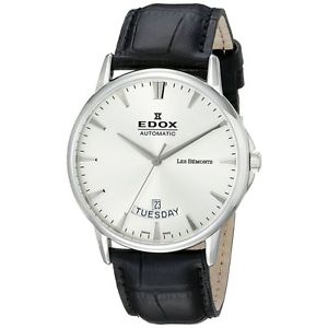 Edox 83015 3 BIN Mens White Dial Analog Automatic Watch with Leather Strap