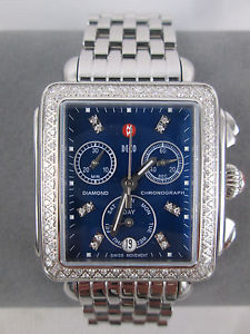 New Michele Large Blue MOP Deco Diamond Bezel Watch MW06P01A1956 Stainless Band