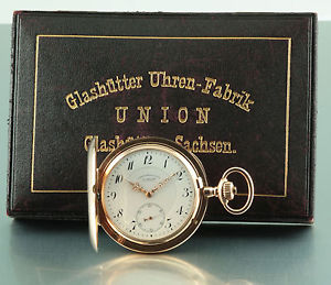 Union Glashütte Taschenuhr 1900 Original Box & Zertifikat 14k Gold Savonette