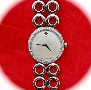 MOVADO"OnoModa"($3,895.)DiamondBezelJewelersPolished"O's"StainlessSteelBandNWT.
