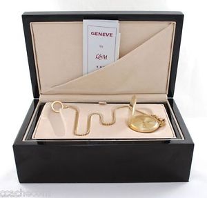 Geneve 14K Yellow Gold Pocket Watch by L&M Geneva Chain Swiss Quartz Jewelry Box