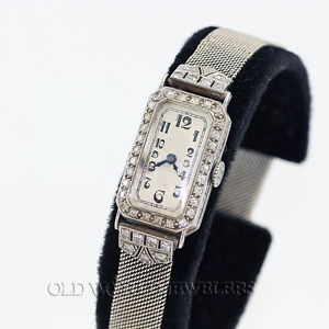 Classic Ladys Platinum Art Deco Rectangular Diamond Dress Watch on Mesh Bracelet