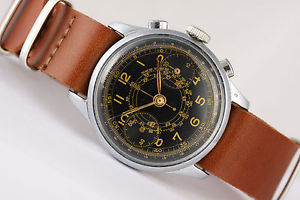 vintage chronograph Viergines! Top Valjoux 22movement!  snail scale black dial!