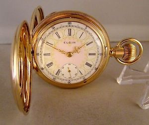 ANTIQUE ELGIN B.W.RAYMOND 14k SOLID GOLD HUNTER CASE FANCY DIAL 18s POCKET WATCH