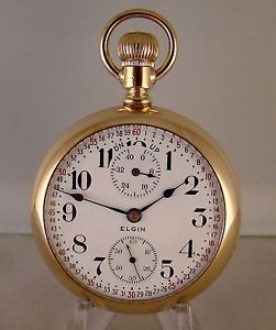 ELGIN VERITAS 23j 10k GOLD FILLED OPEN FACE UP/DN WIND INDICATOR 18sPOCKET WATCH