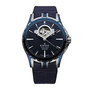Edox 85008 357B BUIN Mens Blue Dial Analog Automatic Watch with Leather Strap