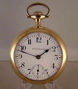 ANTIQUE SETH THOMAS 23j 14k GOLD FILLED OPEN FACE SIZE 18s RAILROAD POCKET WATCH