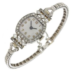 1940s Antique Art Deco 14k Solid White Gold 1.80ctw Diamond Bracelet Watch