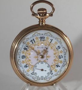 Elgin 23J 14 K Open Face Fancy Dial
