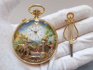 VINTAGE REUGE MUSIC BOX AUTOMATON MUSICAL ALARM POCKET WATCH (WATCH VIDEO)