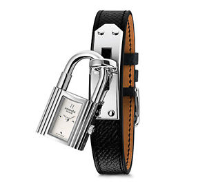 Hermes Kelly Watch Brand New Black Leather Strap Stainless Steel Authentic