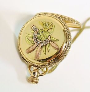Antique Lady Elgin 14k Gold Hand Winding Full Hunter Diamond Accent Pocket Watch