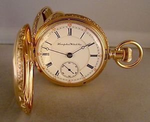 ANTIQUE HAMPDEN "RAILWAY" 14k SOLID GOLD HUNTER CASE 18s POCKET WATCH YEAR 1881