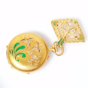 MINT ULYSSE NARDIN 18K SOLID GOLD DIAMONDS ENAMEL PENDANT POCKET WATCH W/ BROOCH