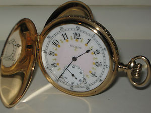 FANCY ANTIQUE 14 K SOLID GOLD ELGIN HUNTER CASE POCKET WATCH-45MM-NEAR MINT-1917