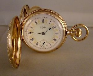 ANTIQUE ELGIN 14k SOLID GOLD MULTICOLOR/RUBY HUNTER CASE FANCY DIAL POCKET WATCH