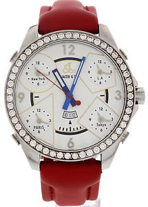 Homme Jacob & Co. Cinq Heure Zones Diamants Biseau Rouge Bracelet Cuir