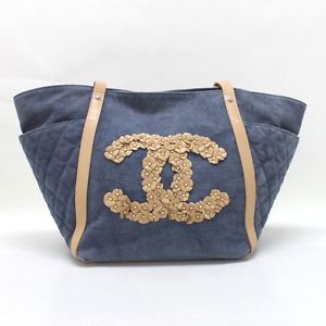 AUTHENTIC CHANEL CC Mark Flower Tote Bag Blue and Beige