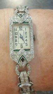 Antique Adams Diamond Sapphire Emerald Platinum Cocktail Watch Art Deco FABULOUS