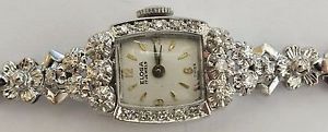Vintage Ladies Eloga Diamond Watch in 14KW with Safety Chain