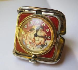 Antique French Sterling Silver Enamel Erotic Automaton Travel Purse Pocket Watch