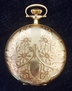 Waltham Model 1908 Pocket Watch in 14k GOLD Deuber floral case-working-16s--1919