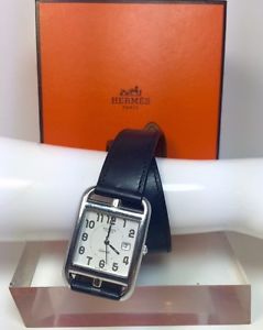Hermes Cape Cod Automatic Date Watch Silver w. Black Wrap Bracelet Strap Box