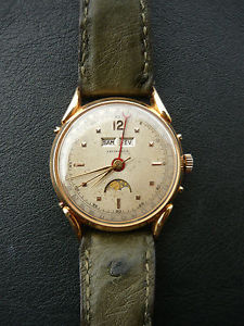 Vintage Leonidas Full Calendar Wristwatch, Moon Ph 18K Yellow Gold 1950’s Rare