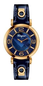 Ferragamo Women's FG3040014 GANCINO DECO DIAMOND Gold IP Blue Leather Watch