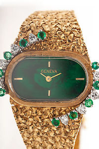 Vintage GENEVA Swiss $7000 2ct Emerald Diamond 14k Gold Ladies Dress Watch 44g