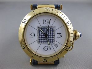 LARGE NEW 32M BLUE SAPPHIRE MENS SWISS GENEVE WATCH 14K YELLOW GOLD LEATHER W041