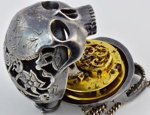 MUSEUM Silver Verge Fusee Doctors Skull Memento Mori pocket  watch c1780.Zahnin