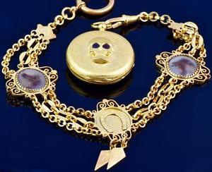 MUSEUM Victorian 18k Gold&Garnets Doctor's Memento Mori SKULL watch&fancy chain