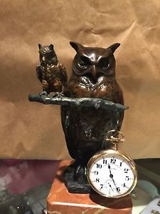 Early 20th C  Bronze 2 Owl Pocket Watch Holder Signed M.LeVerrier French