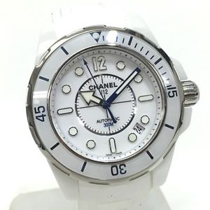 AUTHENTIC CHANEL J12 Marine Men's Wristwatch White Ceramic/Rubber Auto H2560