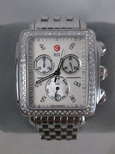 NEW Michele XL Deco Day Diamond Bezel Stainless Steel Watch MWW06Z000001 + Box