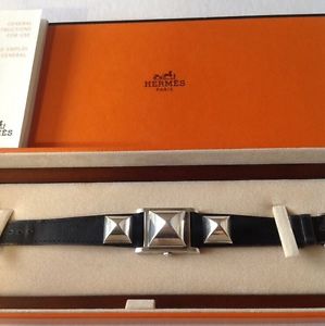 HERMES Medor ME1.250 Stainless Watch with Black Leather Band